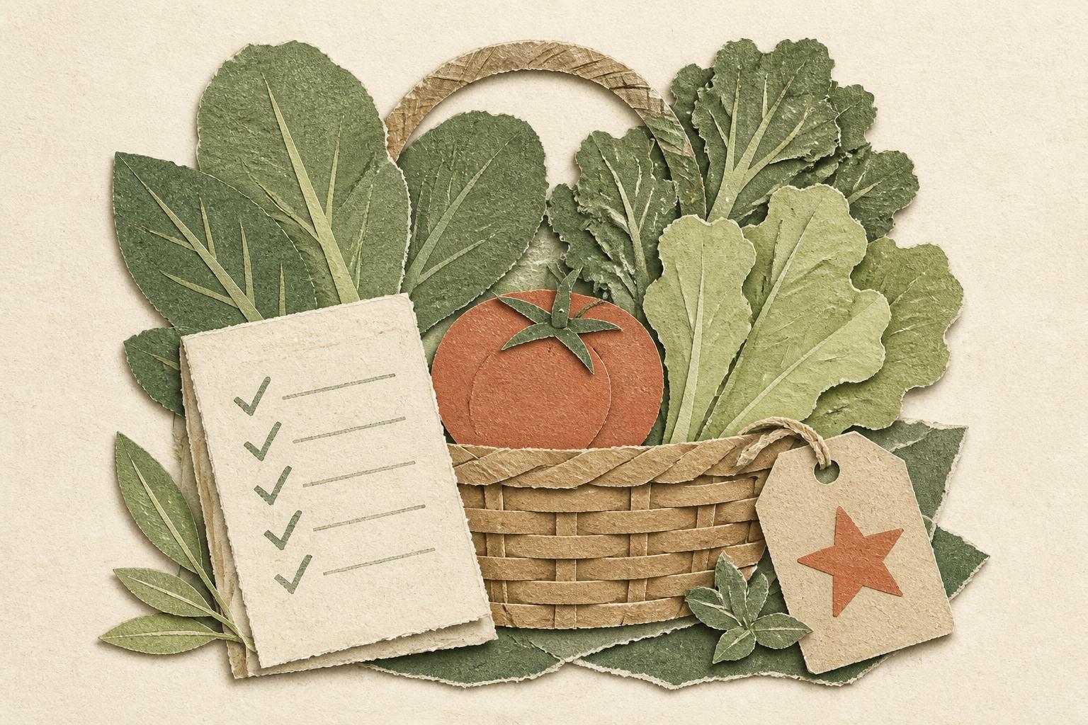 Paper-cut collage of leafy greens, a tomato in a wicker basket, a checklist and a sale tag