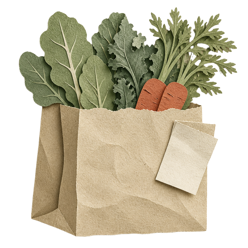 Paper-cut grocery bag with leafy greens and carrots, plus a folded list