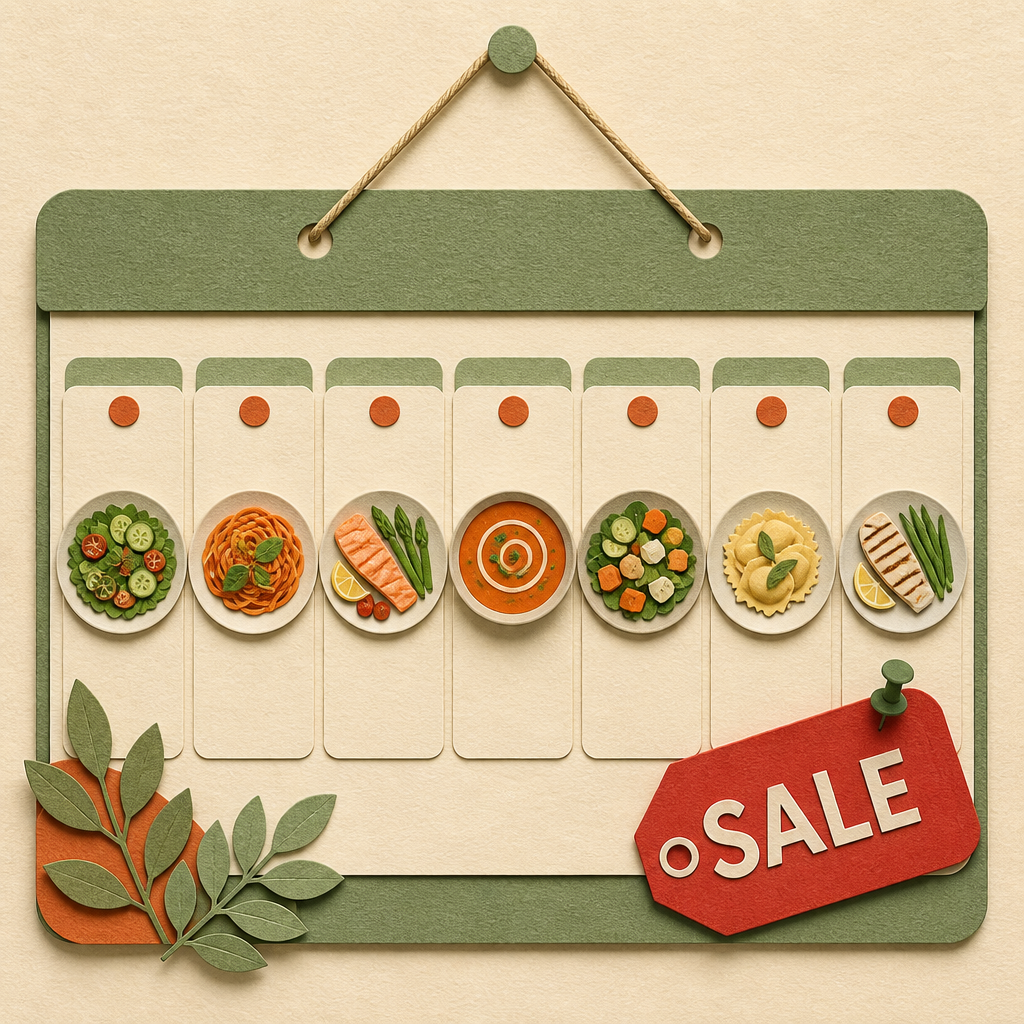 Paper-cut weekly calendar with small plates of food and a discount tag