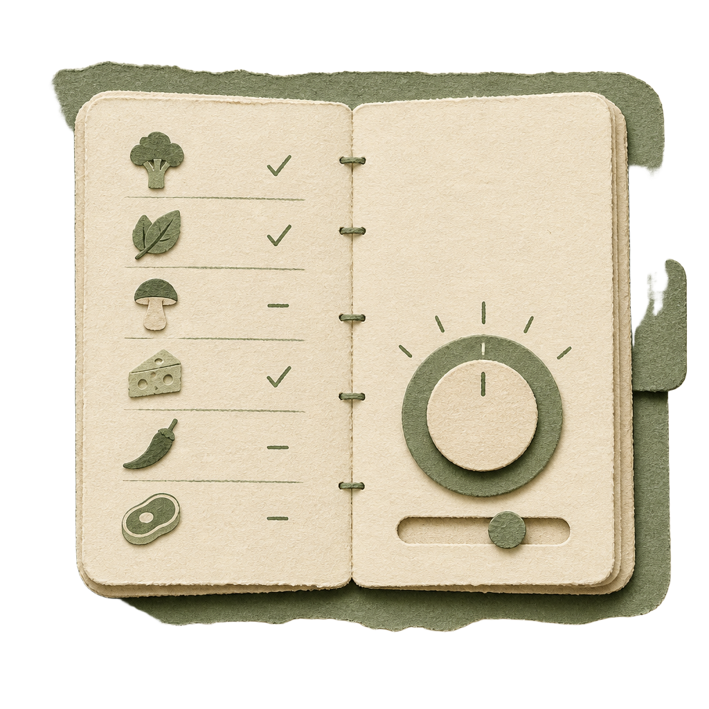 Paper-cut notebook with food preferences and a dial
